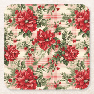Posavasos Cuadrado De Papel Elegantes Navidades rojos Poinsettia
