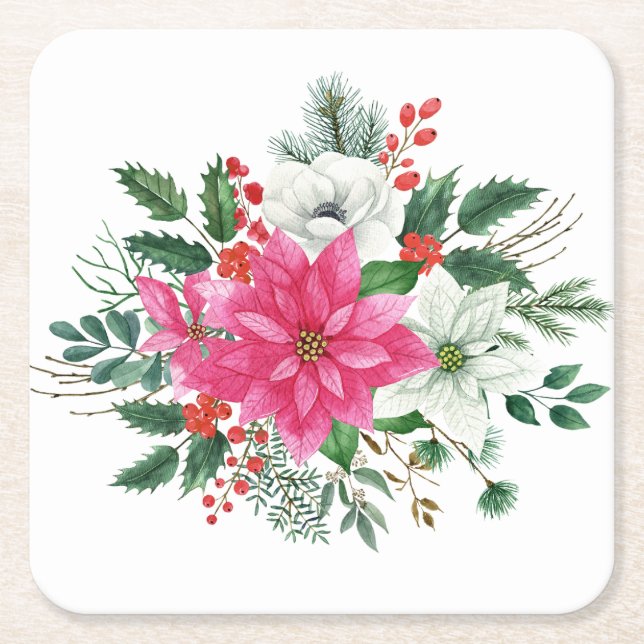 Posavasos Cuadrado De Papel Elegantes Navidades rosados Poinsettia (Anverso)