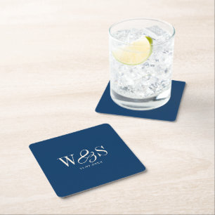 Posavasos Cuadrado De Papel Elegantes parejas de novios con inicial azul marin
