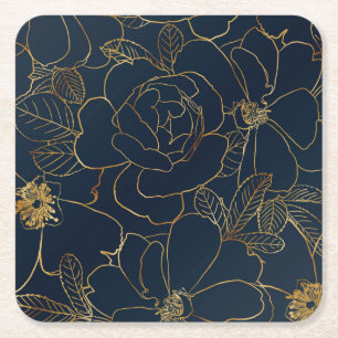 Posavasos Cuadrado De Papel Elegantes Rosas de oro Dibujo Floral Diseño Azul