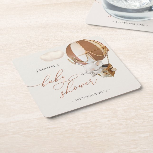 Posavasos Cuadrado De Papel Elephant Balloon Baby Shower (En perspectiva)