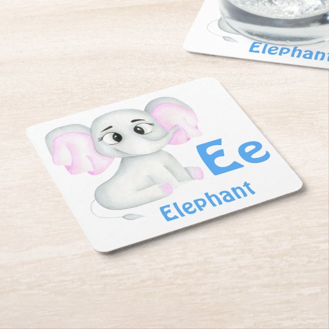 Posavasos Cuadrado De Papel Elephant personalizar ABC: Letra E - Añadir tu nom (En perspectiva)