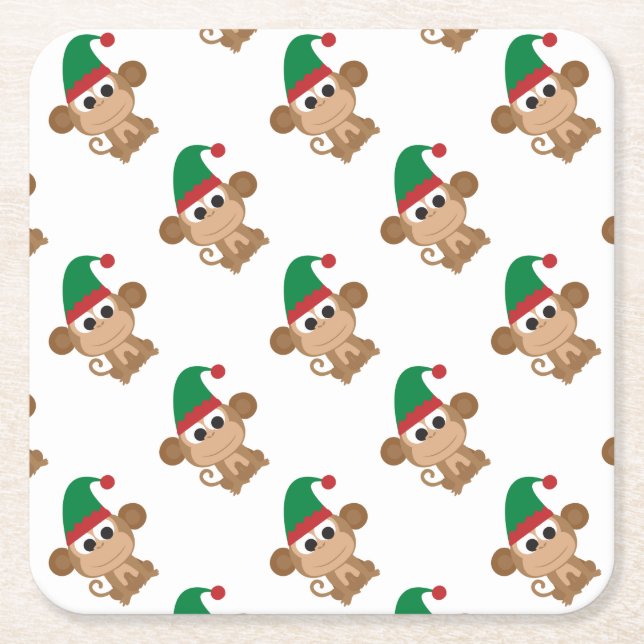 Posavasos Cuadrado De Papel Elf Navidades de mono (Anverso)