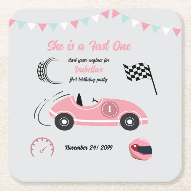 Posavasos Cuadrado De Papel Ella es una festividad rápida de un coche de raza  (Anverso)