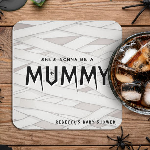 Posavasos Cuadrado De Papel Ella va a ser un Baby Shower de Halloween momia