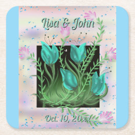 Posavasos Cuadrado De Papel Eloquíticas Bodas de flores Verde azuladas
