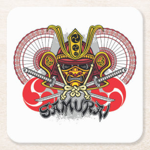 Posavasos Cuadrado De Papel Emblema colorido de Samurai