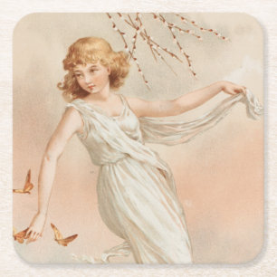 Posavasos Cuadrado De Papel "En Pascua Alegría" - Impresión Vintage, L. Prang