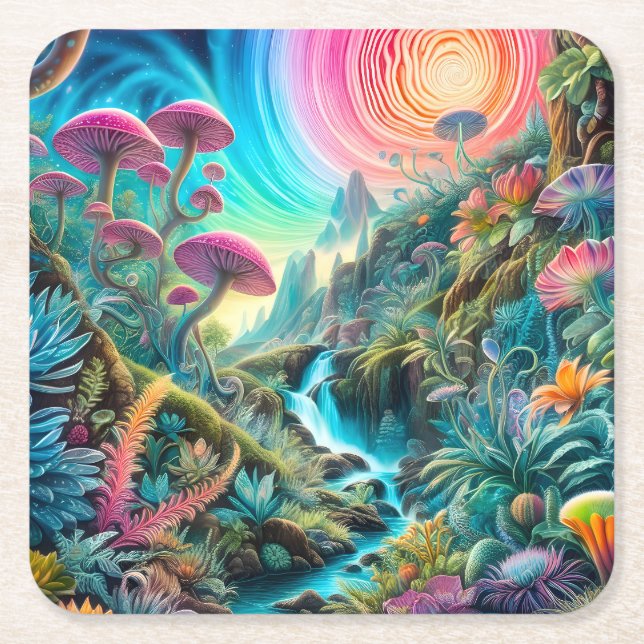 Posavasos Cuadrado De Papel Encantado Paisaje Psicodélico (Anverso)