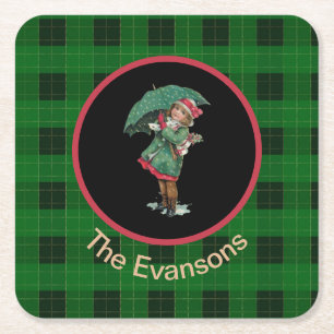 Posavasos Cuadrado De Papel Encantador Chica Vintage con paraguas en verde