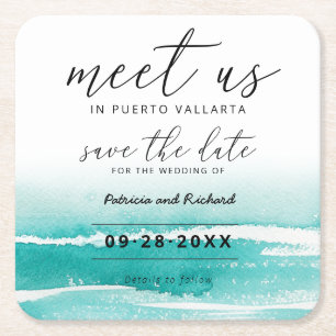 Posavasos Cuadrado De Papel Encuentranos en la Boda de Destino Teal Save The D