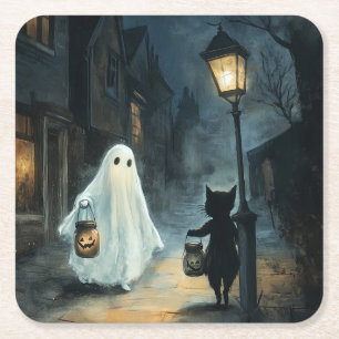 Posavasos Cuadrado De Papel Encuentro de Fantasma y Gato de Halloween