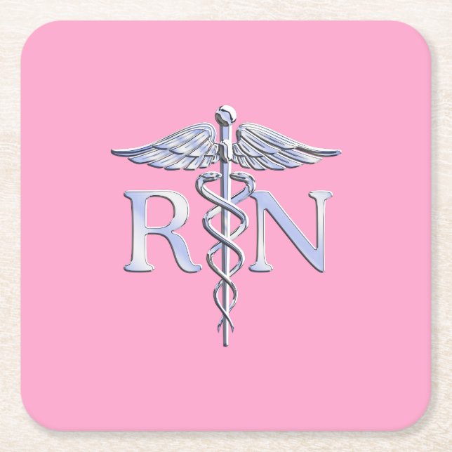 Posavasos Cuadrado De Papel Enfermera inscrita RN Caduceus en rosa pastel (Anverso)