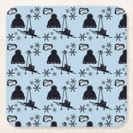 Posavasos Cuadrado De Papel Equipo de esquí negro y copos de nieve en azul