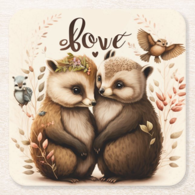 Posavasos Cuadrado De Papel erizos de amor (Anverso)