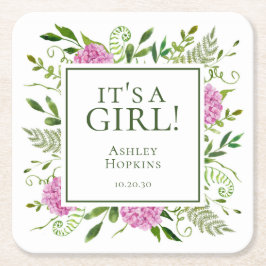 Posavasos Cuadrado De Papel Es un Chica Chica de Hydrangeas Rosa Baby Shower