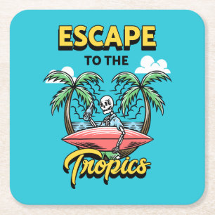 Posavasos Cuadrado De Papel Escape al Skeleton Surf Tropical