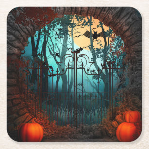 Posavasos Cuadrado De Papel Escena asustadiza 2 de Halloween - puertas