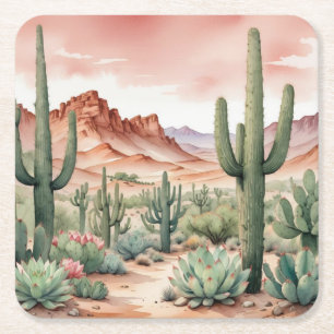 Posavasos Cuadrado De Papel Escena de cactus del desierto del suroeste