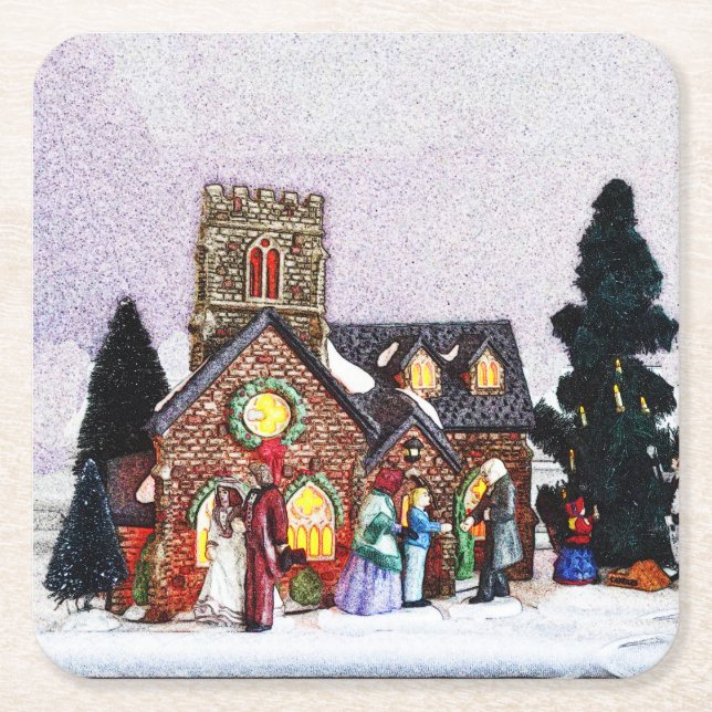Posavasos Cuadrado De Papel Escena de la aldea de vacaciones (Anverso)