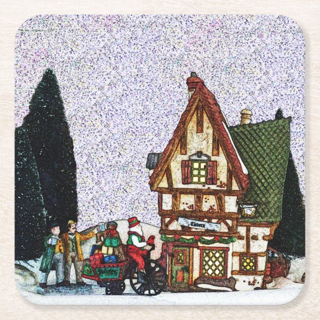 Posavasos Cuadrado De Papel Escena de la aldea de vacaciones (Anverso)