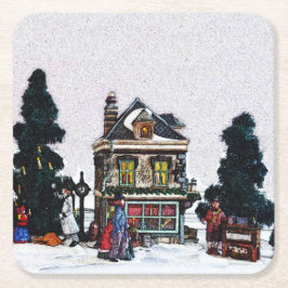 Posavasos Cuadrado De Papel Escena de la aldea de vacaciones