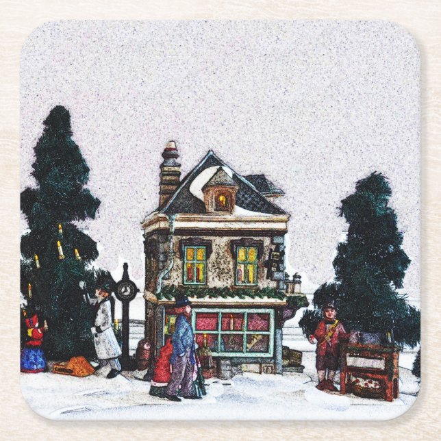 Posavasos Cuadrado De Papel Escena de la aldea de vacaciones (Anverso)