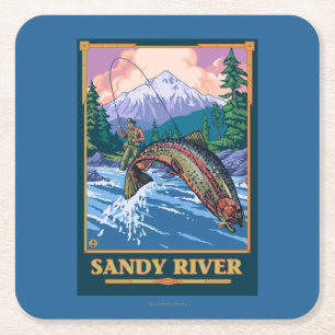 Posavasos Cuadrado De Papel Escena de la pesca con mosca - río de Sandy,