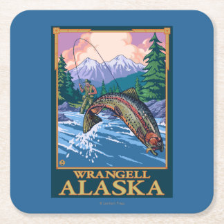Posavasos Cuadrado De Papel Escena de la pesca con mosca - Wrangell, Alaska