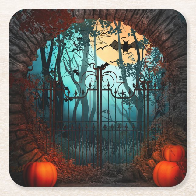 Posavasos Cuadrado De Papel Escena de miedo de Halloween 2 - Puerta (Anverso)