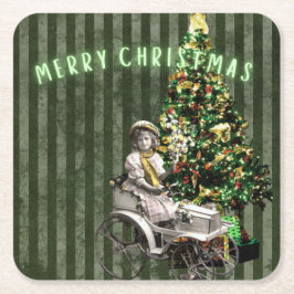 Posavasos Cuadrado De Papel Escena de vacaciones de Chica y árbol de época