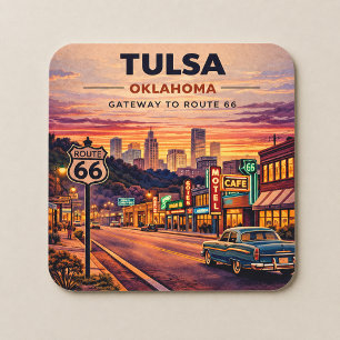 Posavasos Cuadrado De Papel Escena de viaje vintage Ruta 66 Tulsa Oklahoma