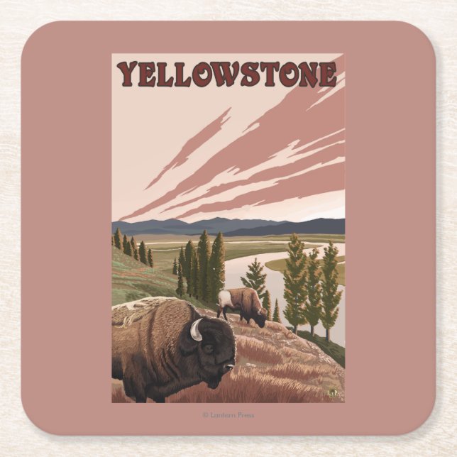 Posavasos Cuadrado De Papel Escena de YellowstoneBison (Anverso)
