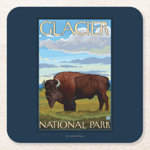 Posavasos Cuadrado De Papel Escena del bisonte - Parque Nacional Glacier, TA