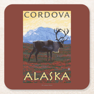 Posavasos Cuadrado De Papel Escena del caribú - Cordova, Alaska