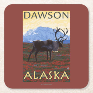 Posavasos Cuadrado De Papel Escena del caribú - Dawson, Alaska