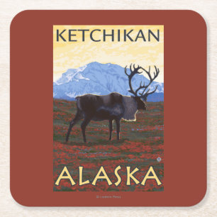 Posavasos Cuadrado De Papel Escena del caribú - Ketchikan, Alaska