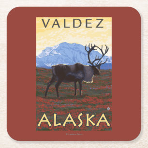 Posavasos Cuadrado De Papel Escena del caribú - Valdez, Alaska
