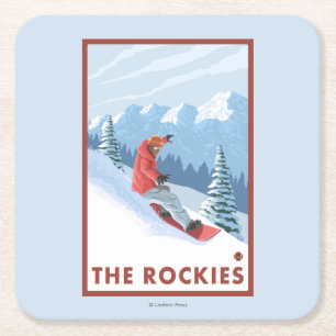 Posavasos Cuadrado De Papel Escena del Snowboarder - los Rockies