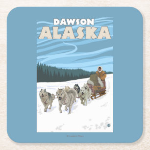 Posavasos Cuadrado De Papel Escena Sledding del perro - Dawson, Alaska