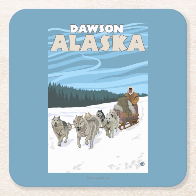 Posavasos Cuadrado De Papel Escena Sledding del perro - Dawson, Alaska (Anverso)
