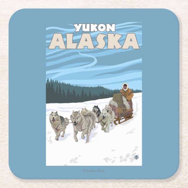 Posavasos Cuadrado De Papel Escena Sledding del perro - el Yukón, Alaska (Anverso)