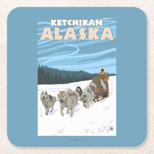 Posavasos Cuadrado De Papel Escena Sledding del perro - Ketchikan, Alaska