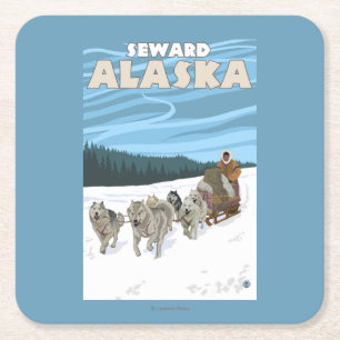 Posavasos Cuadrado De Papel Escena Sledding del perro - Seward, Alaska