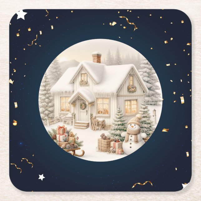 Posavasos Cuadrado De Papel Escenario único de Navidad (Anverso)