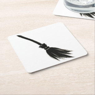 Posavasos Cuadrado De Papel Escoba de Bruja Minimalista – Diseño de Pincel de