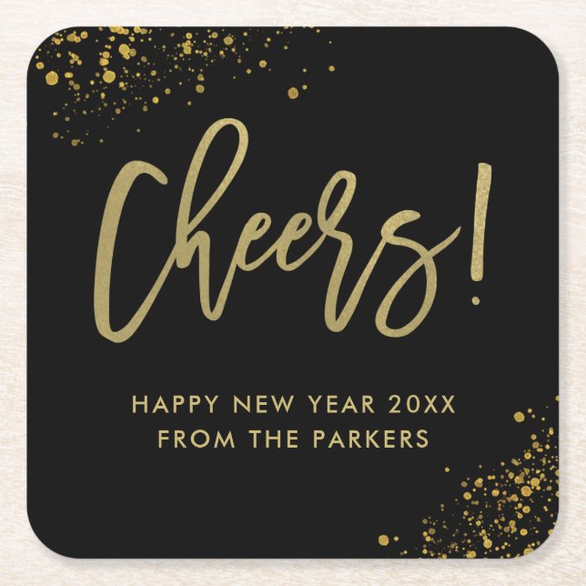 Posavasos Cuadrado De Papel Escritura atractiva del oro en el fiesta del negro (Anverso)