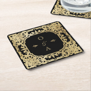 Posavasos Cuadrado De Papel Escuadrón monograma de pareja de cosecha negra y d