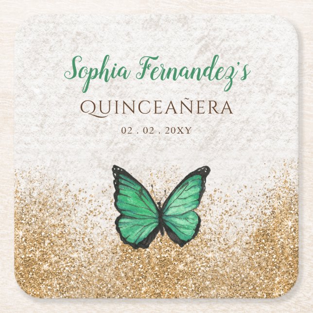Posavasos Cuadrado De Papel Escuadrón rústico de mariposa de oro verde esmeral (Anverso)