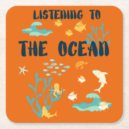 Posavasos Cuadrado De Papel Escuchando El Océano, Día De La Tierra, Animales D